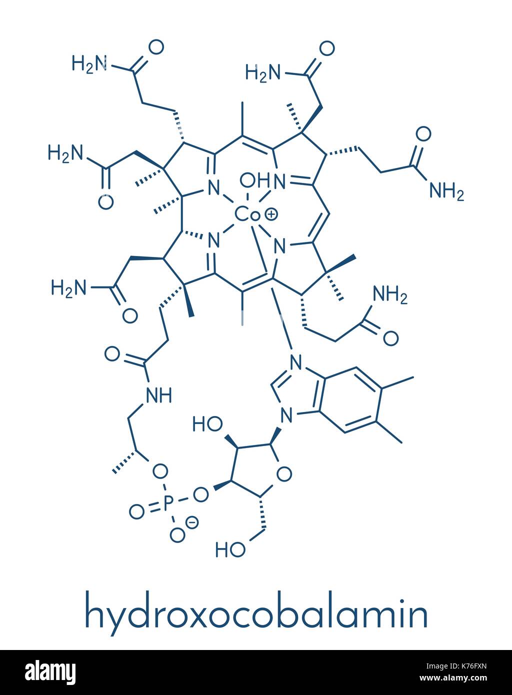 Hydroxocobalamin vitamin B12 molecule. Often given therapeutically in case of B12 deficiency. Skeletal formula. Stock Vector