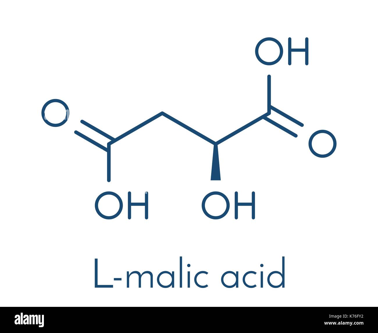 Malic acid fruit acid molecule. Present in apples, grapes, rhubarb, etc and contributes to the sour taste of these. Skeletal formula. Stock Vector