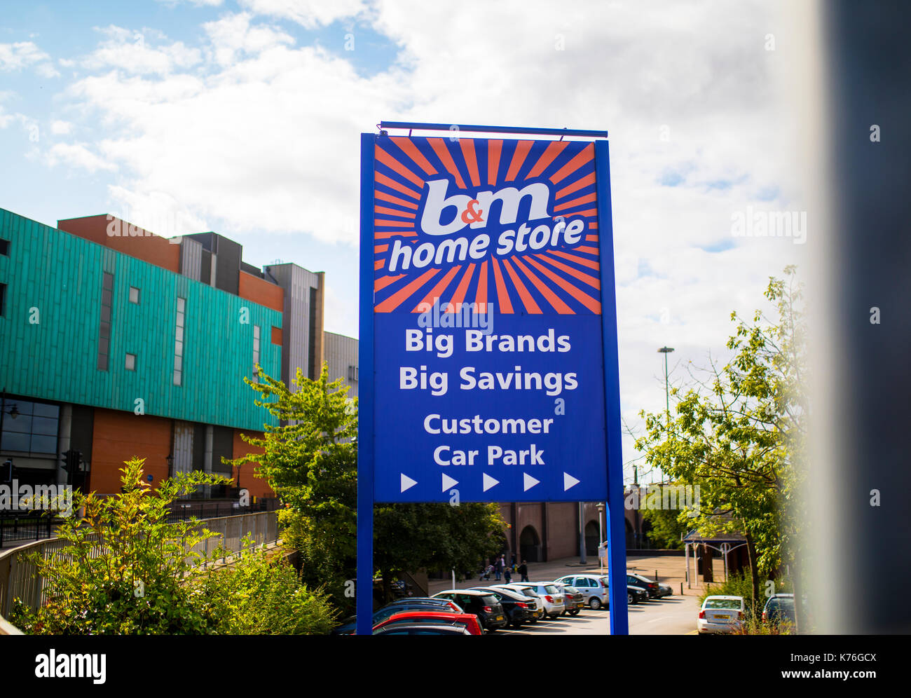 B&M Retail Ltd home bargains monolith store sign in Doncaster, England rising up against the sky Stock Photo