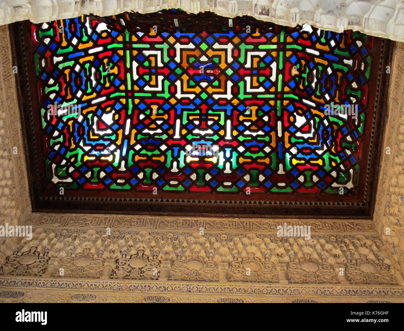 Stained glass, Nasrid Dynasty of Alhambra Palace, Granada, Andalusia, Spain, Europe Stock Photo