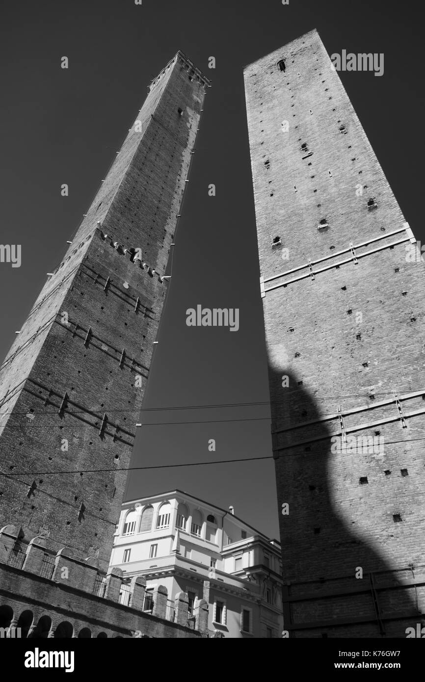 Bologna (Emilia Romagna, Italy) the two medieval towers, Garisenda and degli Asinelli. Black