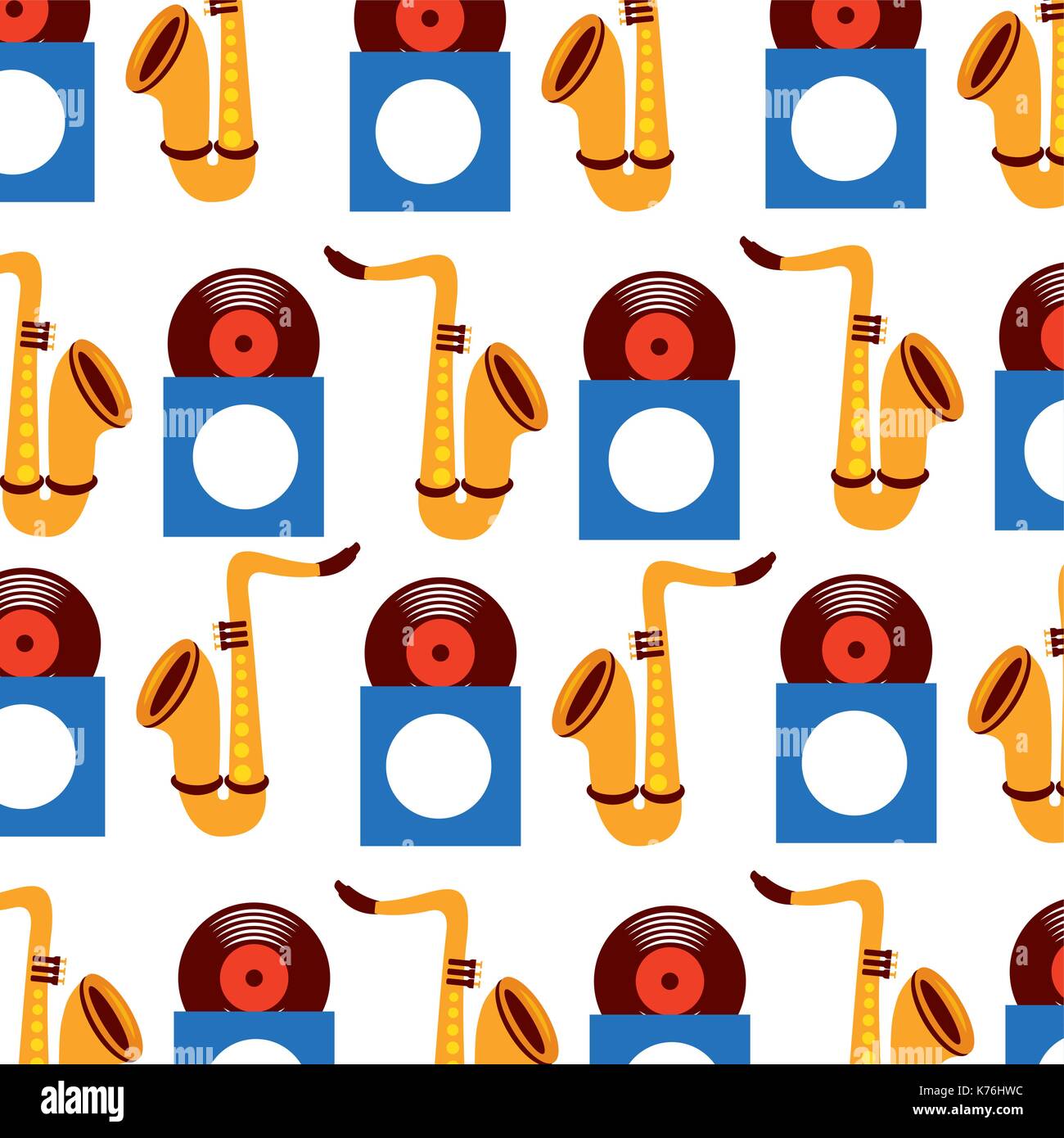 saxophone and vinyl seamless pattern image Stock Vector