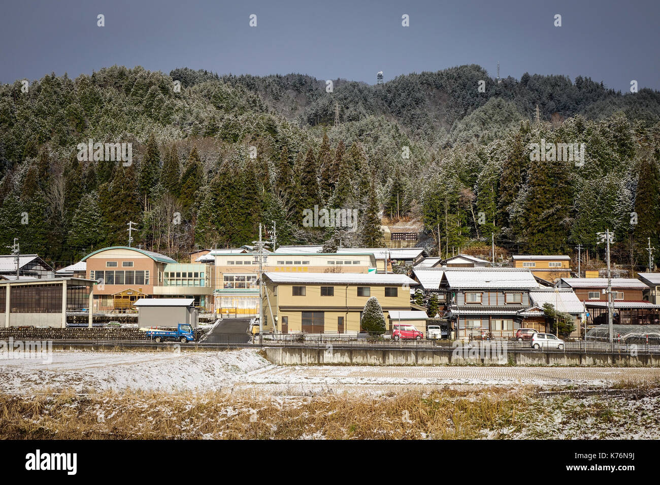 Nagano, Japan - Dec 29, 2015. A village at winter in Nagano, Japan. Nagano Prefecture (Nagano-ken) is a landlocked prefecture of Japan located in the  Stock Photo