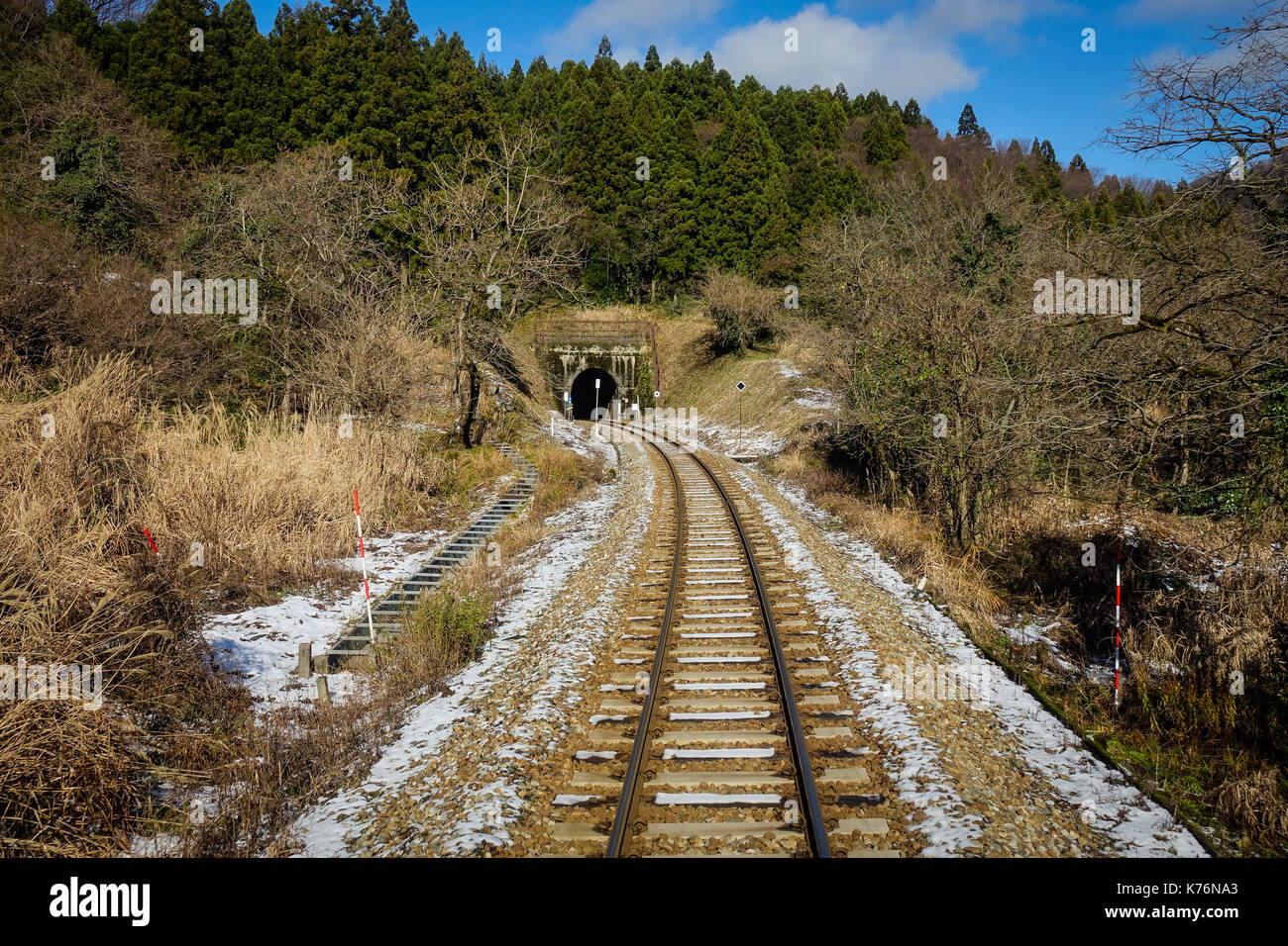 A railtrack with snow in Nagano, Japan. Nagano Prefecture (Nagano-ken) is a landlocked prefecture of Japan located in the Chubu region. Stock Photo