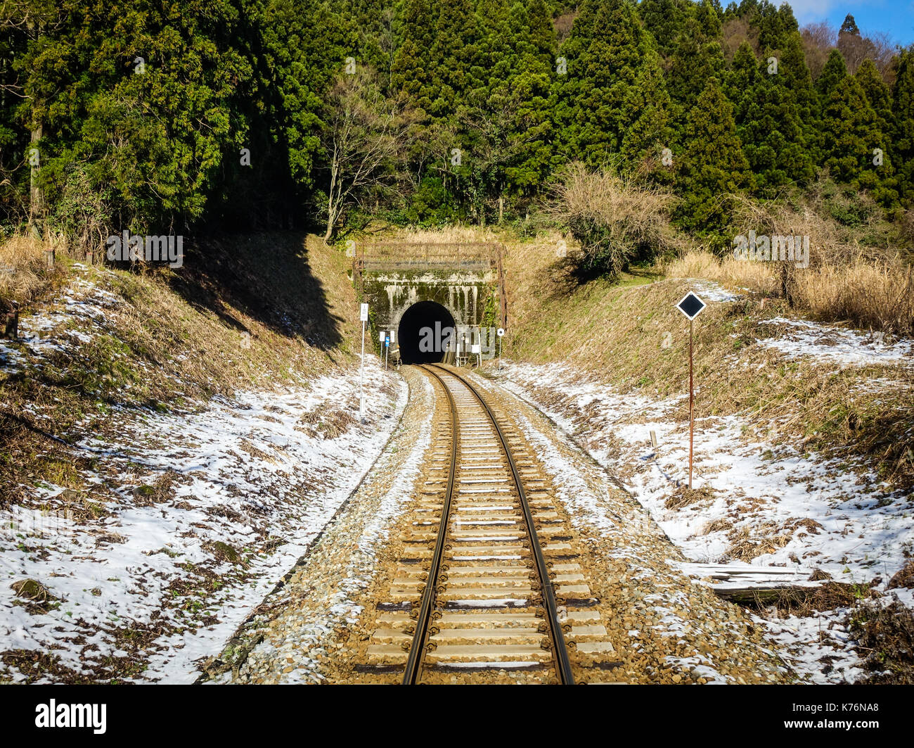 A railtrack with tunnel in Nagano, Japan. Nagano Prefecture (Nagano-ken) is a landlocked prefecture of Japan located in the Chubu region. Stock Photo