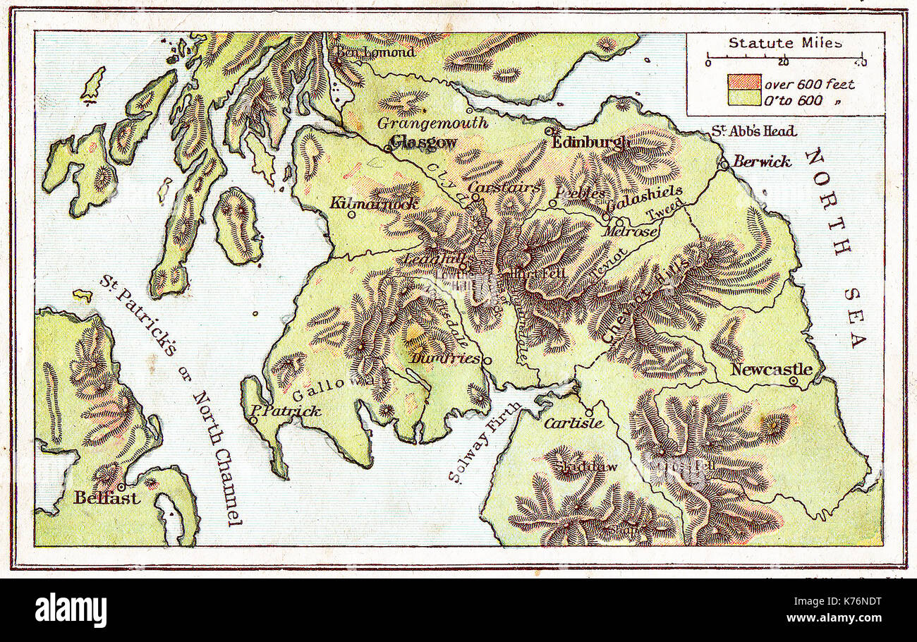 A 1914 vintage colour map of  Scotland showing St Patrick's Channel (North Channel) Stock Photo