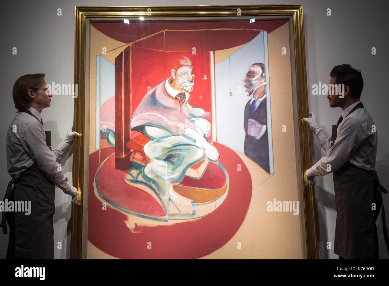 Francis Bacon's landmark painting, Study of Red Pope 1962. 2nd version 1971, unseen in public for 45 years, with an estimated value of 60 million pounds, during a photo call for highlights from Christie's forthcoming Frieze Week season auctions, at Christie's in London. Stock Photo