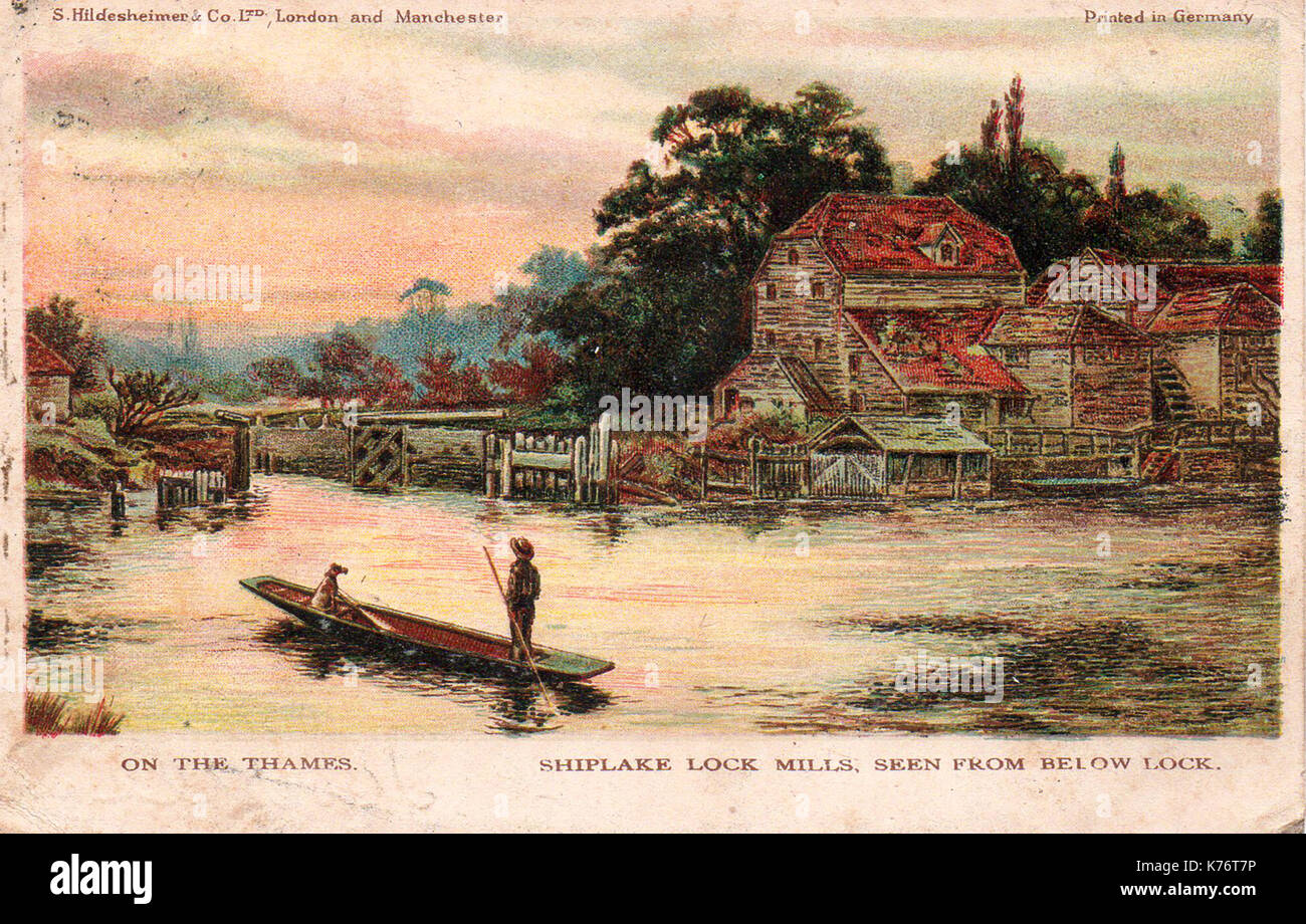 A vintage view of old Shiplake Lock Mills on the Thames (from an old postcard printed in Germany) - Demolished 1907 Stock Photo