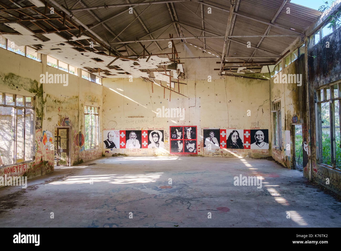 Rishikesh, India - March 10, 2015: Painting and grafitti othe wals of yoga hall at abandoned Maharishi Mahesh Yogi Ashram (Beatles Ashram). Stock Photo