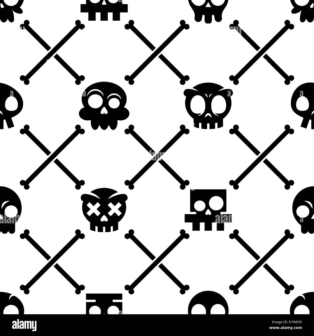 Halloween skull vector seamless pattern, Mexican cute black skulls with bones design, Dia de los Muertos Stock Vector