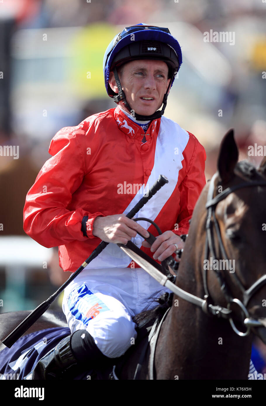 Jockey Paul Hanagan on Clubbable after the EBF British Stallion Studs 'Carrie Red' Fillies' Nursery Stock Photo