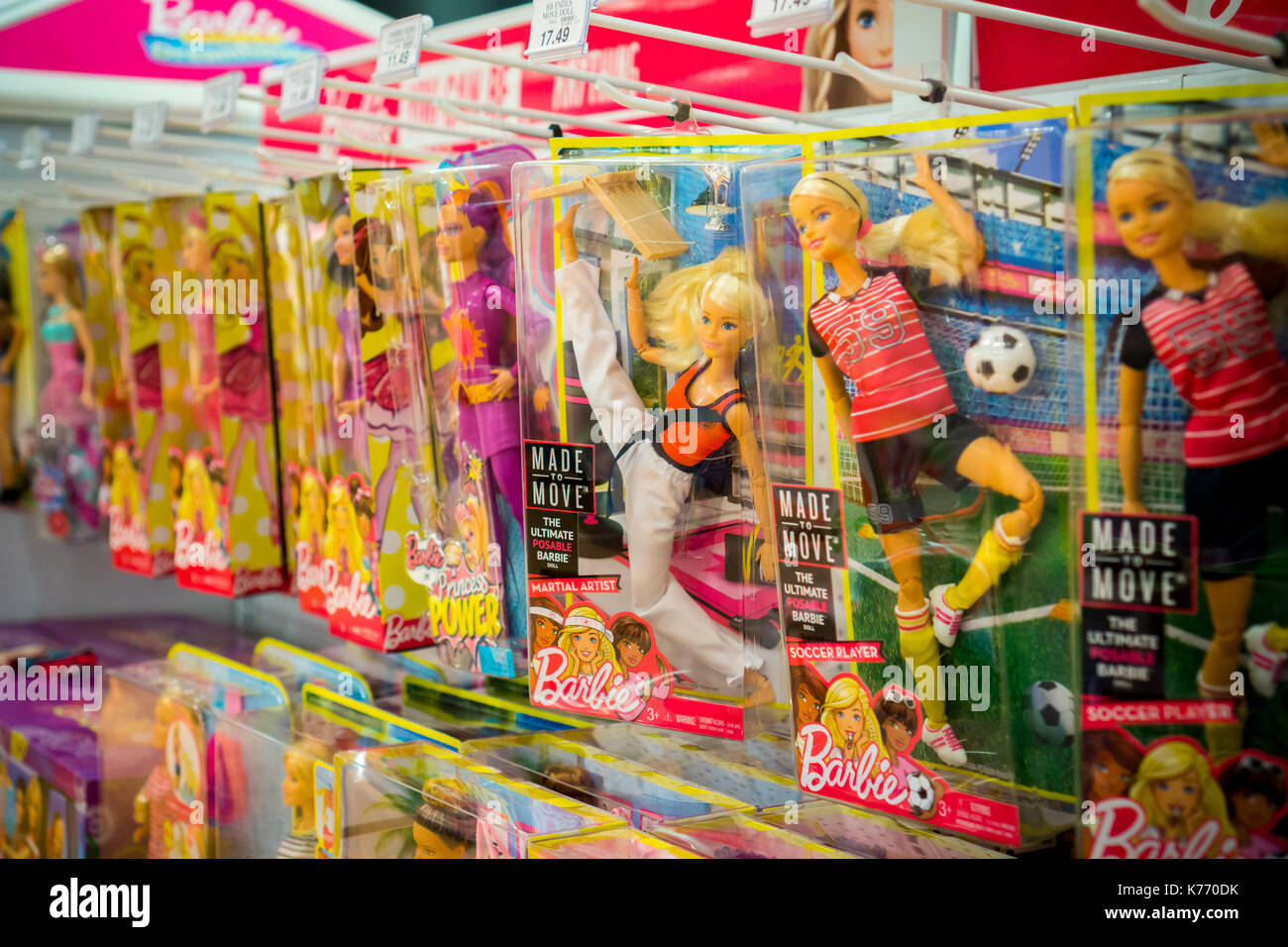 A selection of Mattel Barbie dolls in the temporary Toys R Us location in  Times Square in New York on Thursday, September 7, 2017. The location is a  return to the area