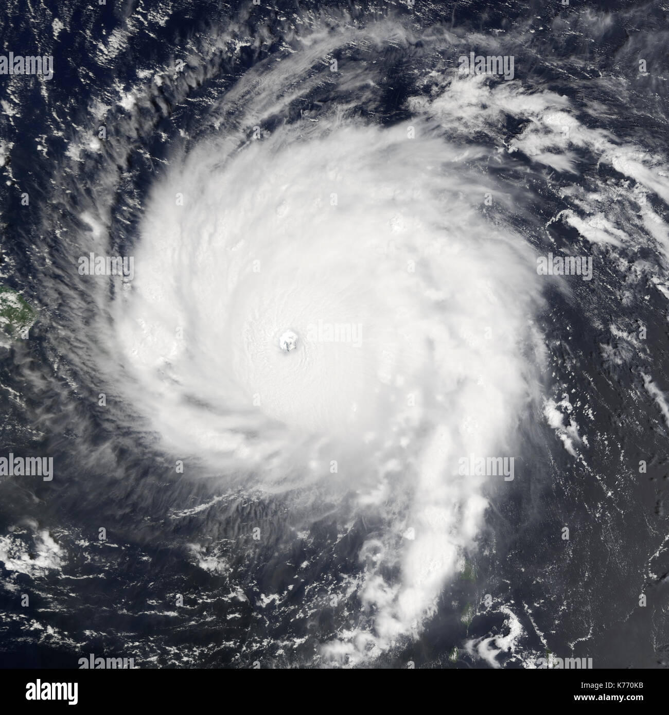 Hurricane Irma over the Leeward Islands captured by NASA on Wednesday, September 6, 2017. Irma is the strongest hurricanes ever measured over the Atlantic Ocean. T(NASA/Suomi NPP - VIIRS) Stock Photo