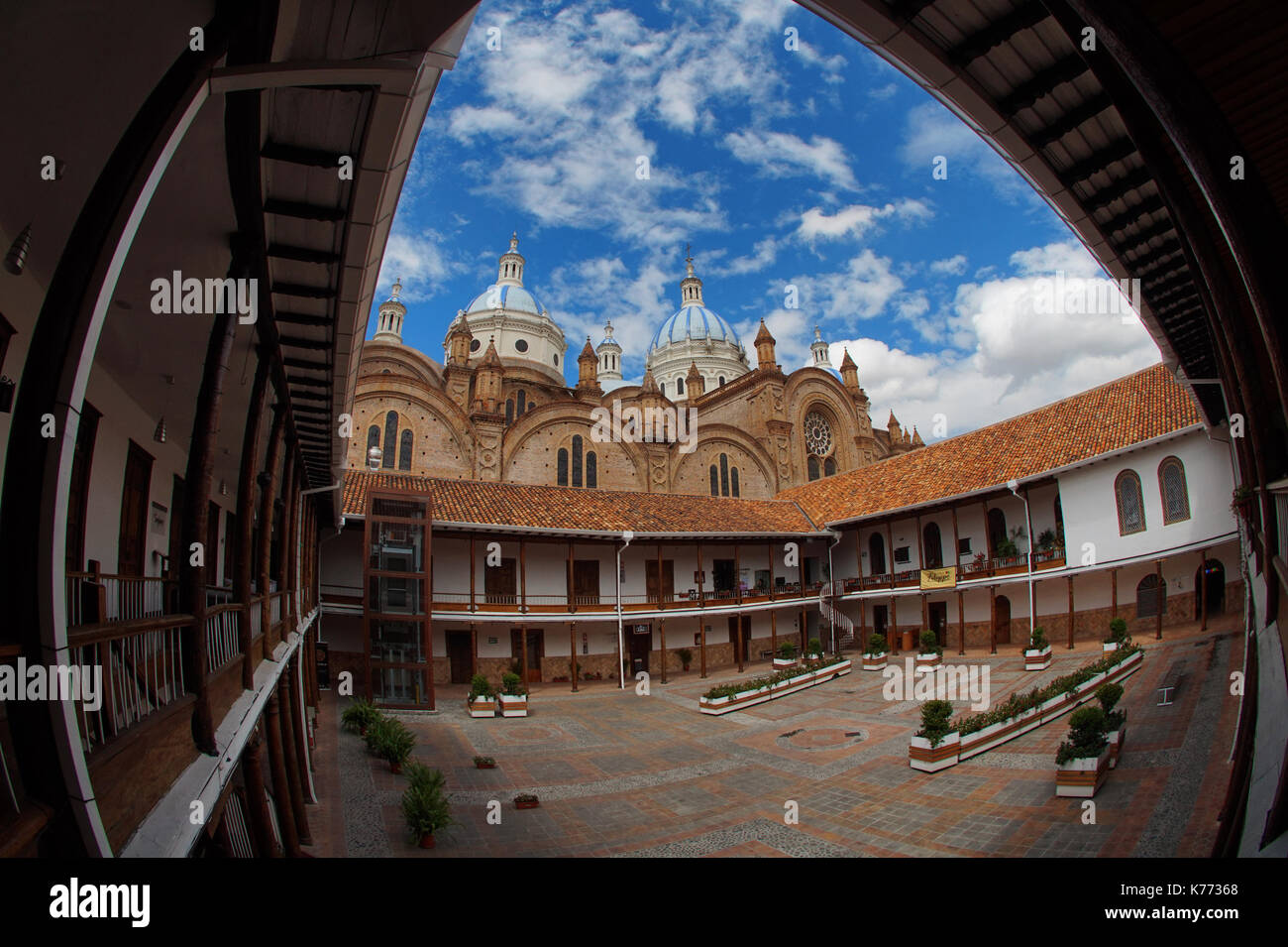 View of the Cathedral of the Immaculate Conception of Cuenca from the San Luis Seminary. Wide angle Stock Photo