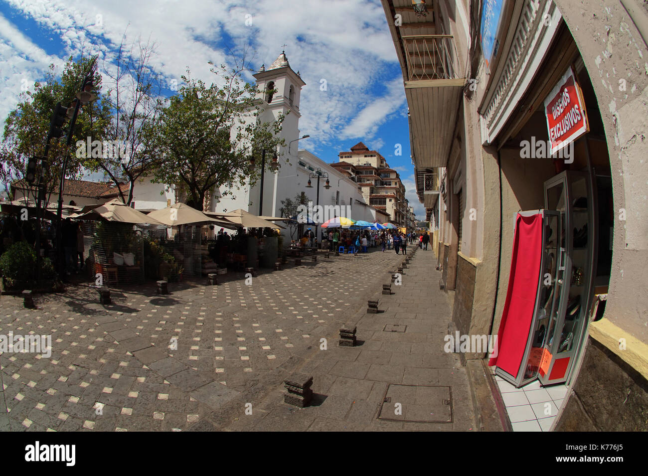 View of the flower market next to the Mariano Sanctuary. Wide angle Stock Photo