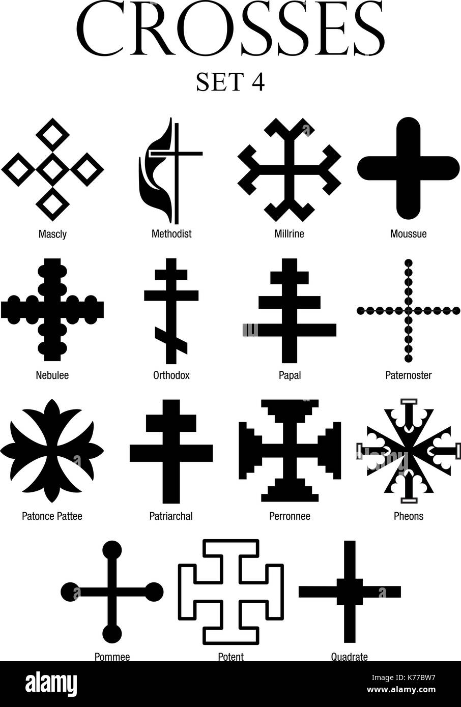 Set of crosses with names on white background. Size A4 - Vector image Stock Vector