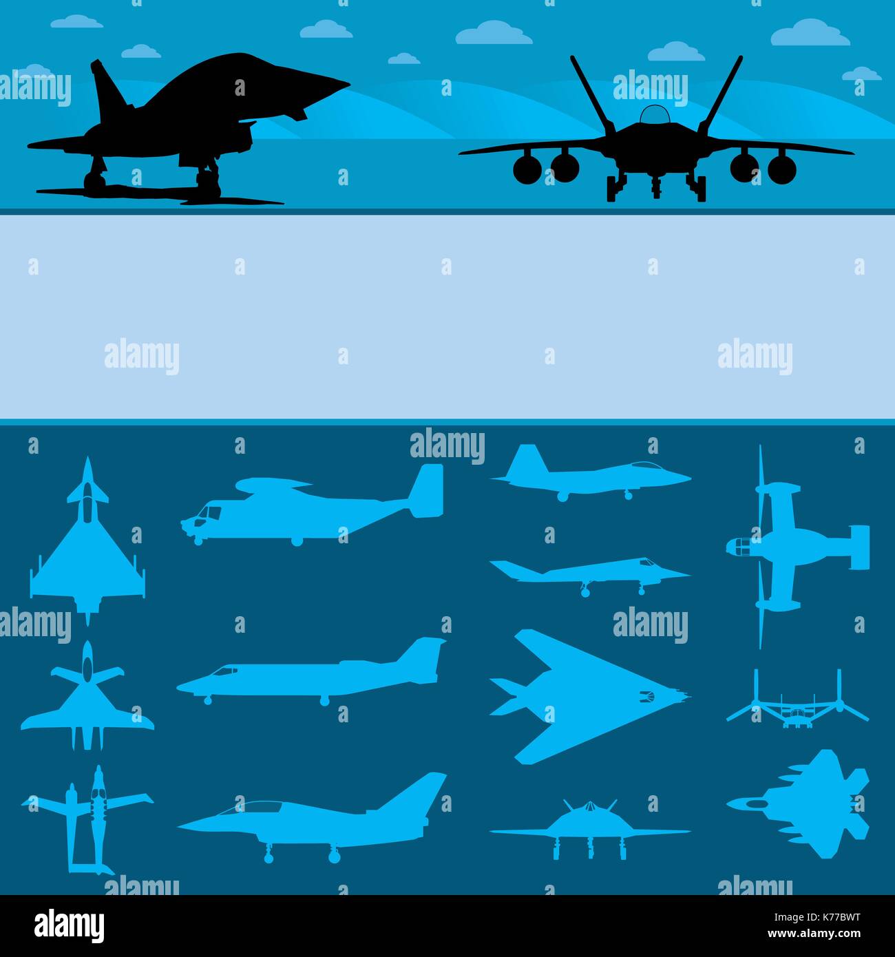 Silhouettes of different types of military aircraft on blue background
