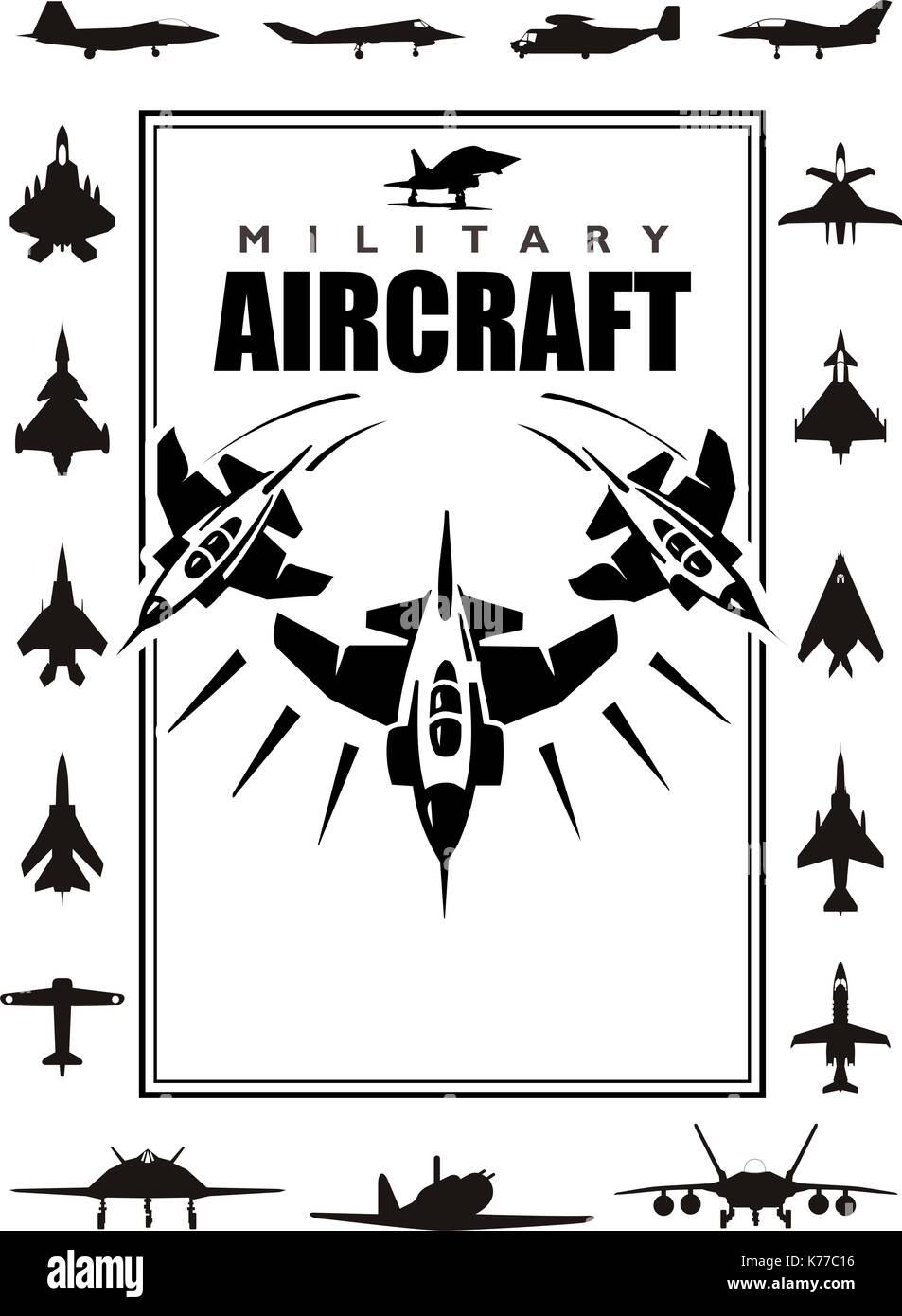 Book cover with silhouettes of different types of military aircraft on white background. Size A4 - Vector image Stock Vector