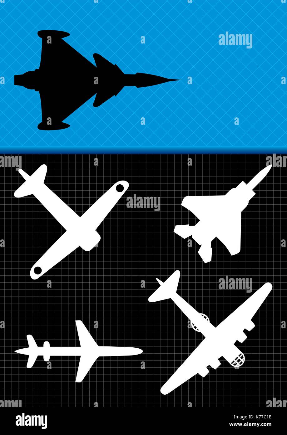 Silhouettes of different types of military aircraft on black background