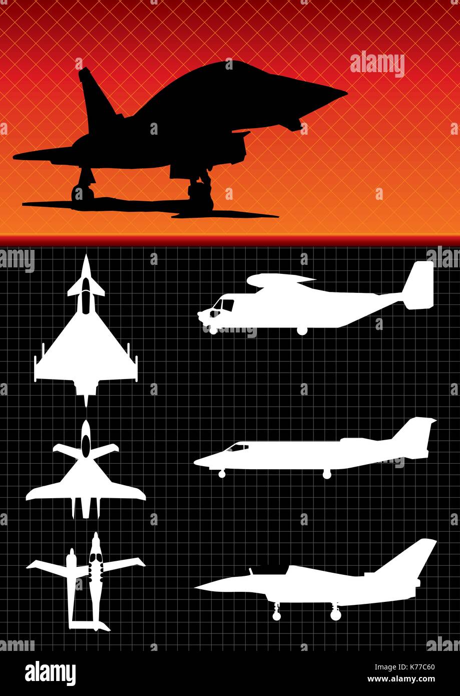 Silhouettes of different types of military aircraft on black background