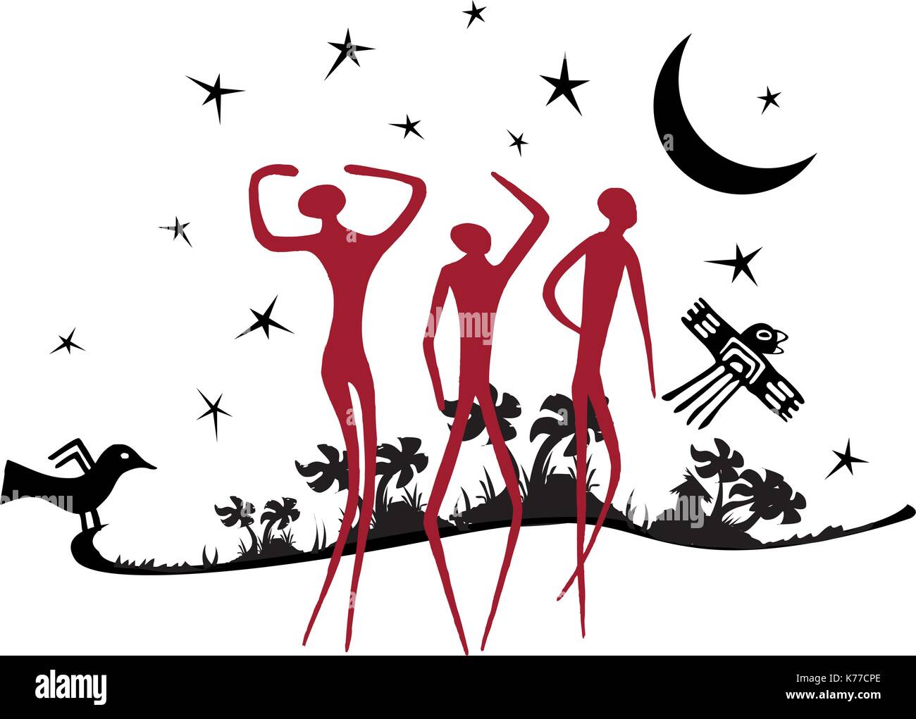 Silhouette of jungle in black color with silhouette of three people in red color - Vector image Stock Vector