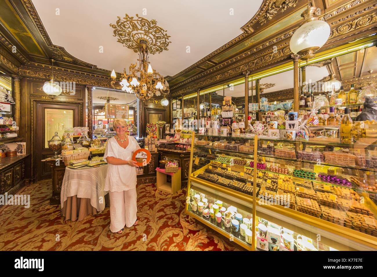 France, Puy-de-Dome, Vichy, craftsman chocolate maker confectioner Aux  Morocains with Valerie Diot the boss presenting the speciality Stock Photo  - Alamy