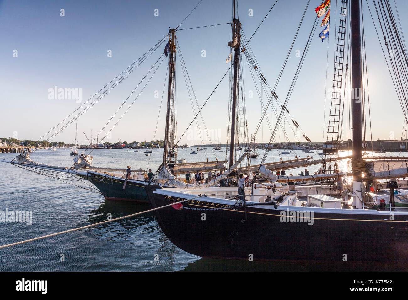 United States, Massachusetts, Cape Ann, Gloucester, America's Oldest Seaport, Gloucester Schooner Festival, schooners, dusk Stock Photo