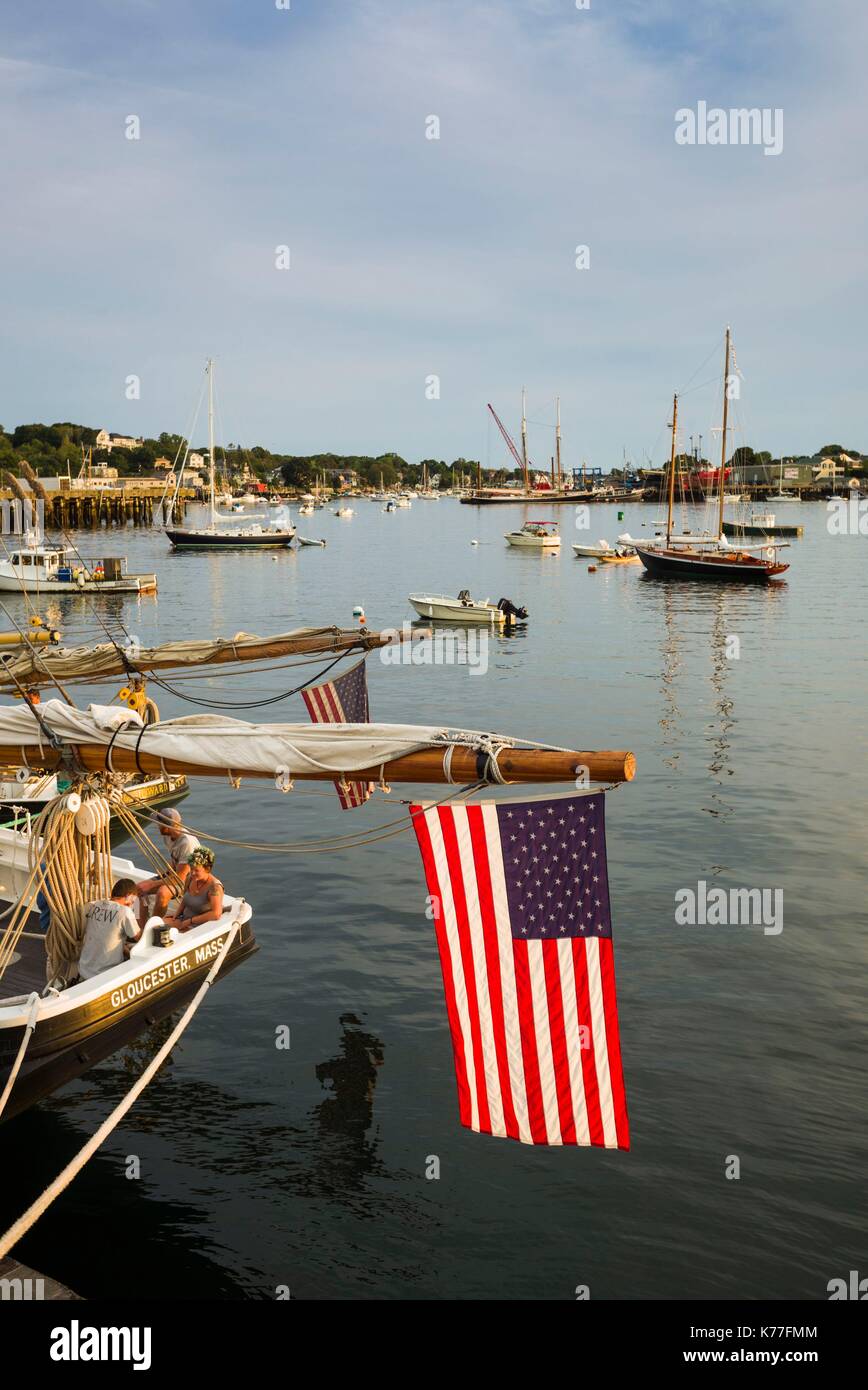 United States, Massachusetts, Cape Ann, Gloucester, America's Oldest Seaport, Gloucester Schooner Festival, schooners, dusk Stock Photo