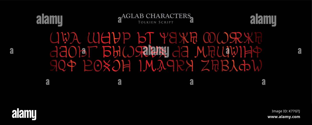 Red AGLAB CHARACTERS - Tolkien Script on black background - Vector Image Stock Vector