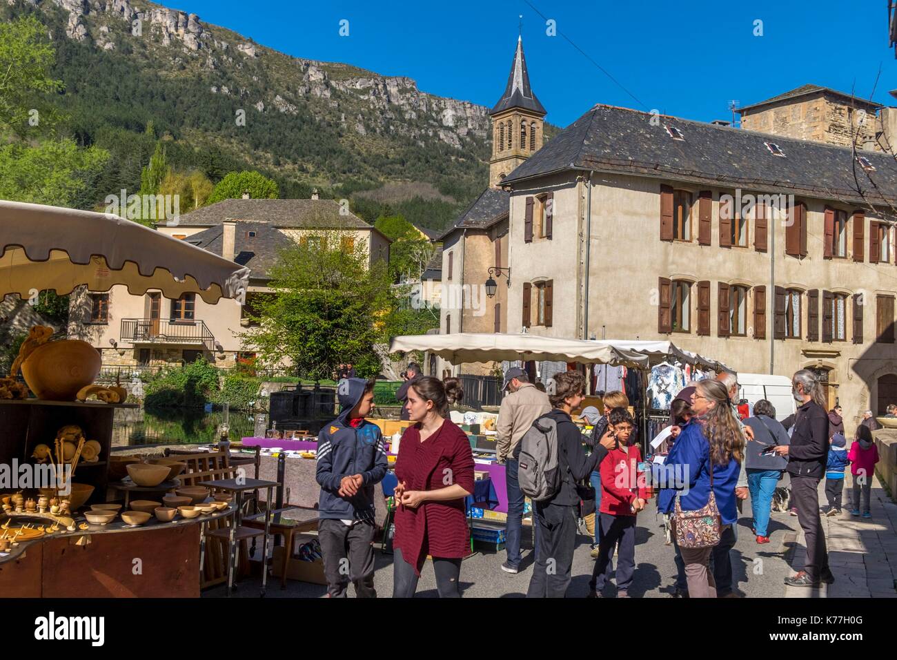 France, Lozere, the Causses and the Cevennes, Mediterranean agro pastoral cultural landscape, listed as World Heritage by UNESCO, Cevennes National Park (Parc National des Cevennes), listed as Biosphere Reserve by UNESCO, Florac market day Stock Photo