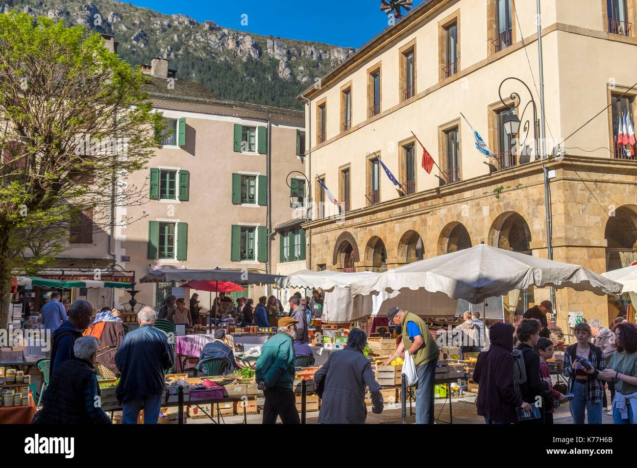 France, Lozere, the Causses and the Cevennes, Mediterranean agro pastoral cultural landscape, listed as World Heritage by UNESCO, Cevennes National Park (Parc National des Cevennes), listed as Biosphere Reserve by UNESCO, Florac market day Stock Photo