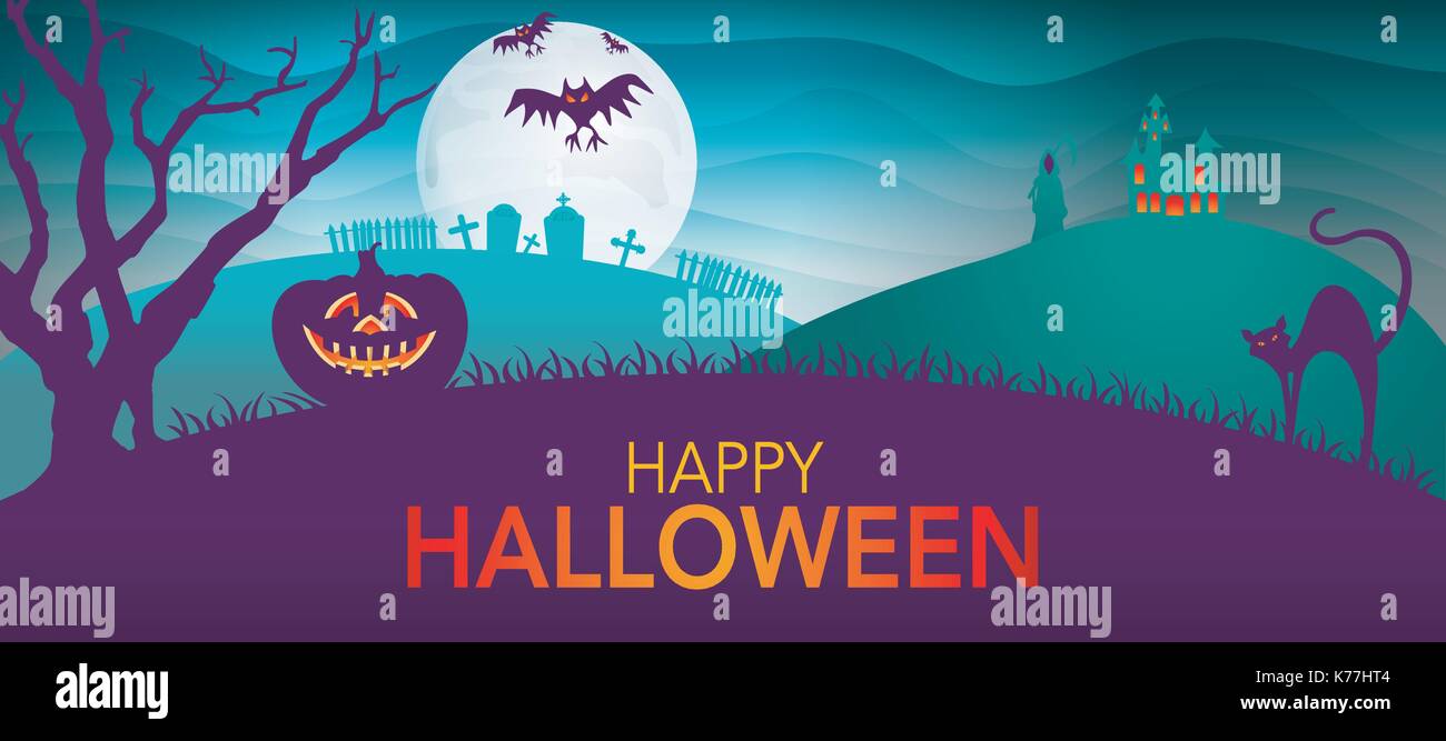 Night landscape with tree, pumpkin, cat and haunted house - Halloween ...