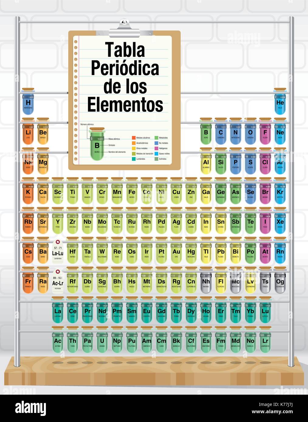 TABLA PERIODICA DE LOS ELEMENTOS -Periodic Table of Elements in Spanish language- consisting of test tubes with the names and number of each element Stock Vector