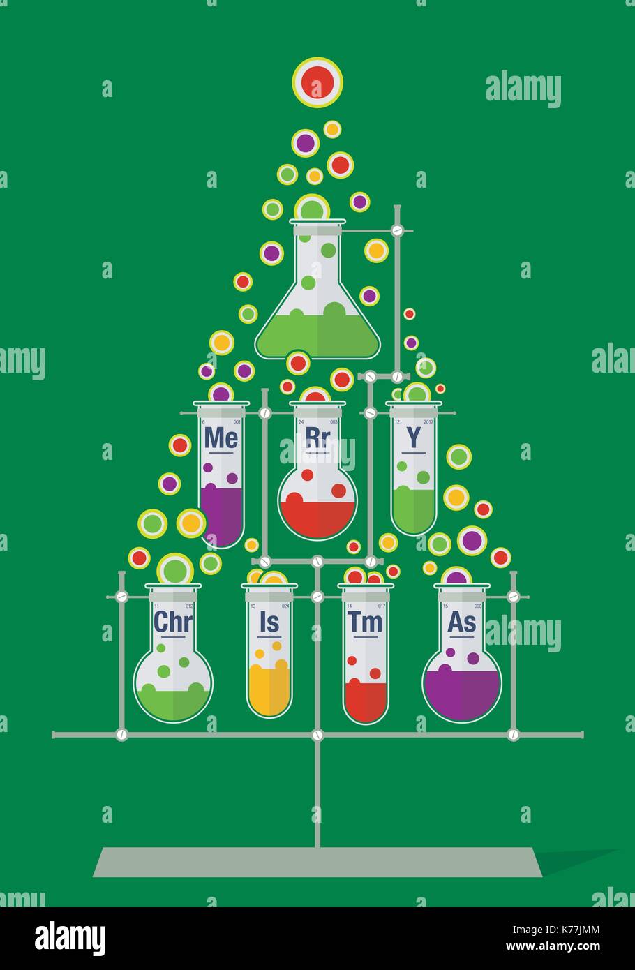 Christmas tree made of test tubes and bubbles on dark green background