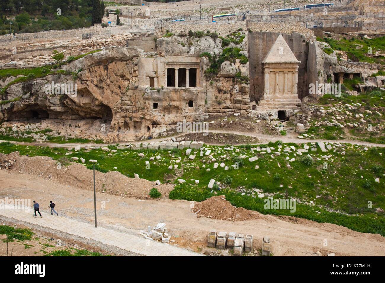 Israel, Jerusalem, Valley of Jehoshaphat, Grotto of Saint James and Absaloms Pillar, elevated view Stock Photo