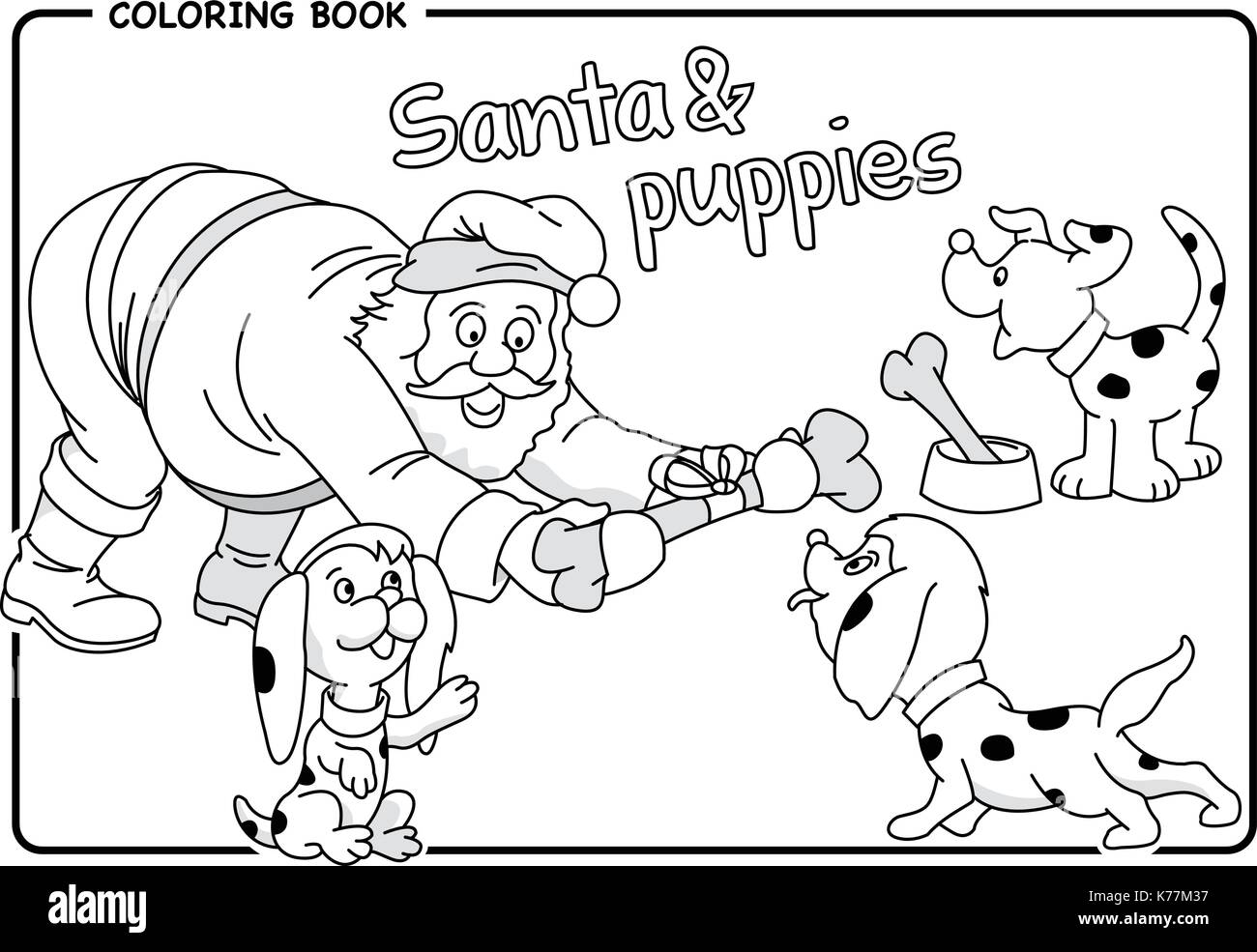 Santa gives a bone to puppies in Christmas - Coloring draw. Vector image Stock Vector