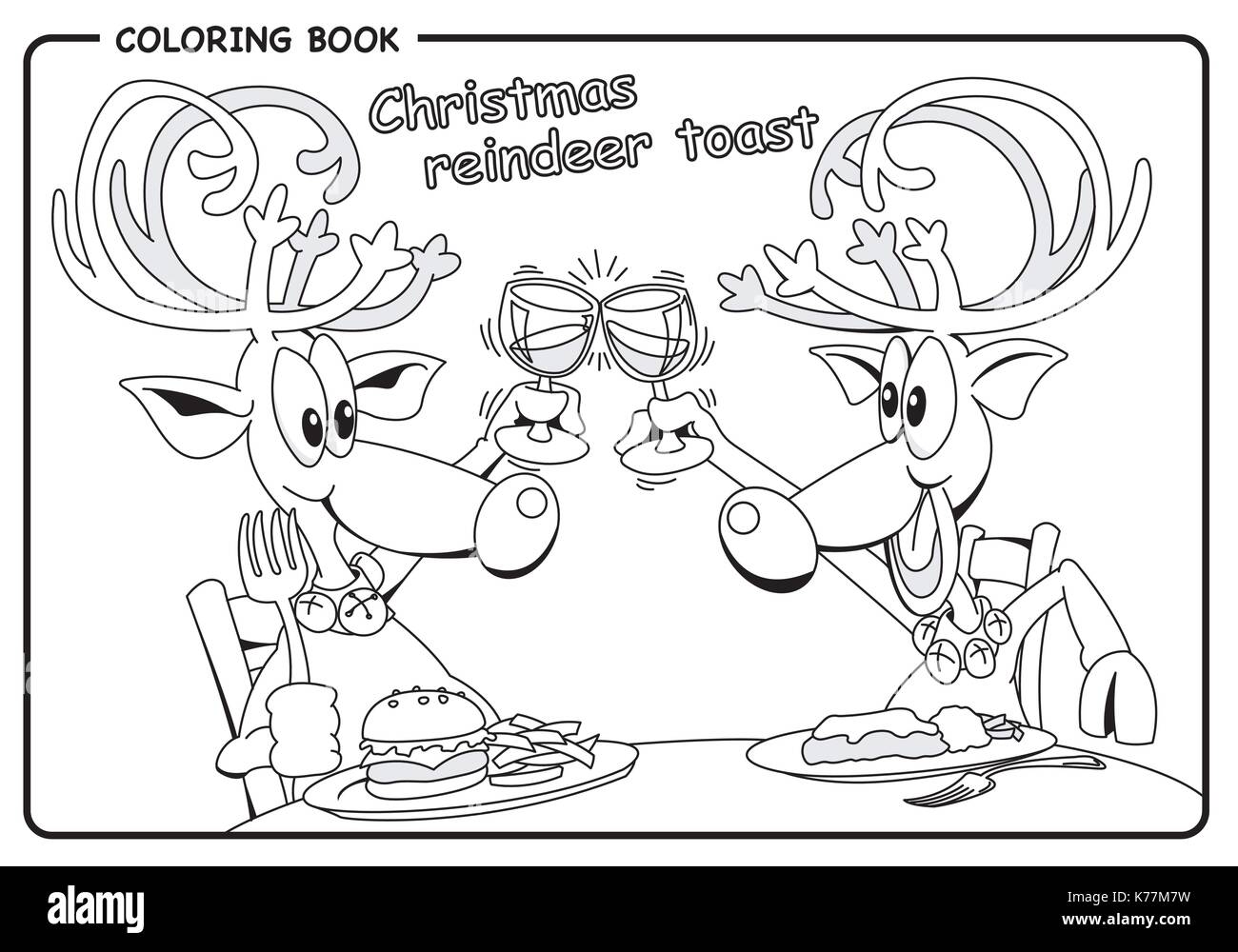 Reindeer dining and toasting with wine glass  - Coloring draw. Vector image Stock Vector