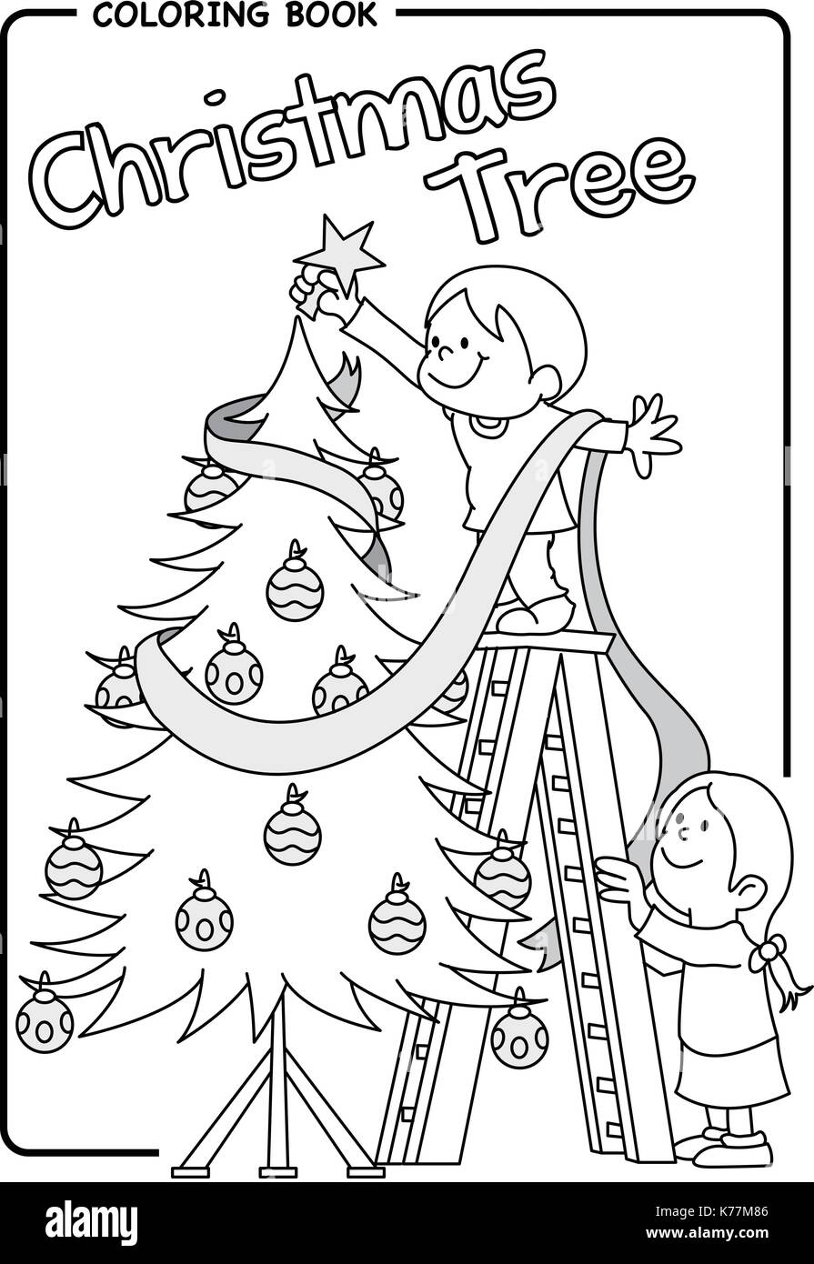 Pair of children decorating the Christmas tree using a ladder - Coloring draw. Vector image Stock Vector