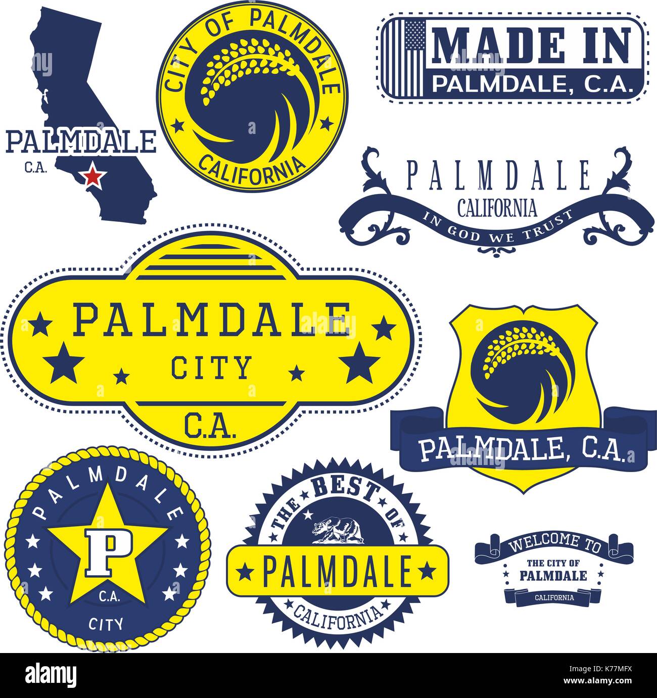 Set of generic stamps and signs of Palmdale city, California Stock Vector