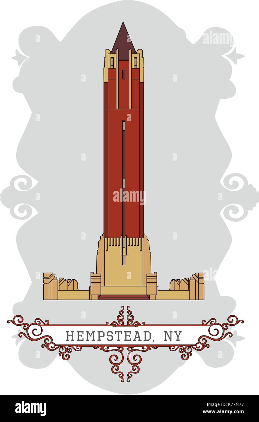 Hempstead town, New York, signboard with abstract sketch of Jones Beach Water Tower Stock Vector
