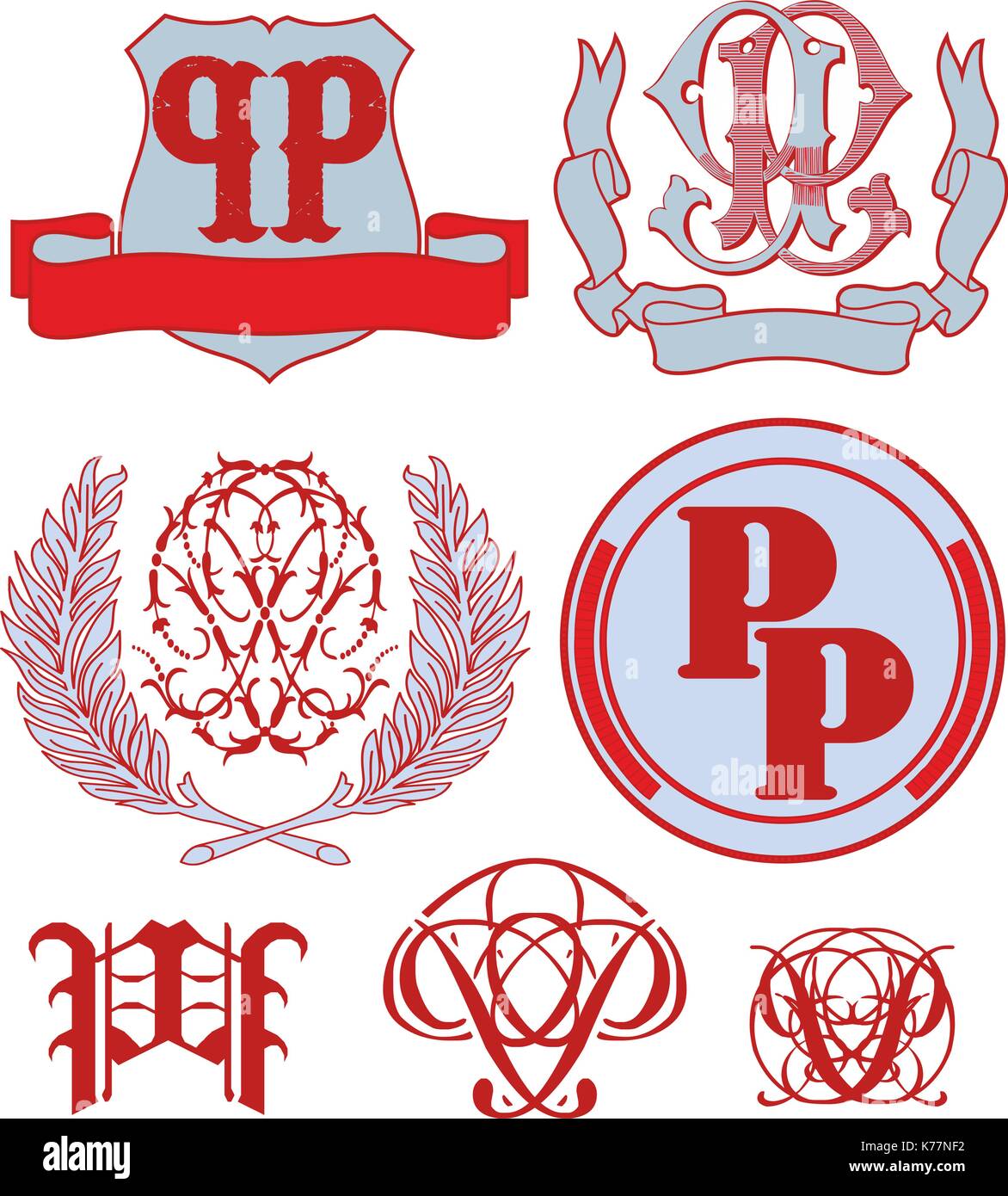 Set of PP monograms and decorative emblem templates with two letters FF. Vector collection Stock Vector