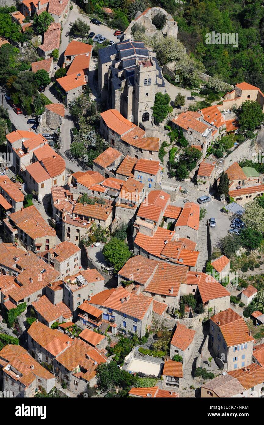 France, Pyrenees Orientales, Eus, On a Pyrenean hill, Eus is listed as one of the most beautiful villages of France, Eus is also said to be the sunniest village in France (aerial view) Stock Photo