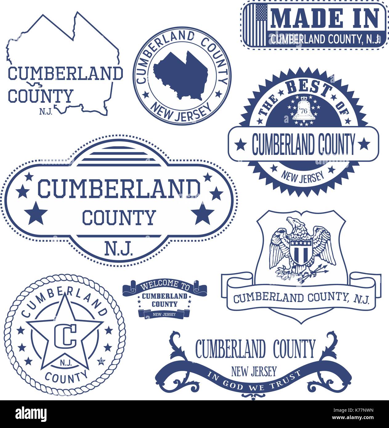 Cumberland county, New Jersey. Set of generic stamps and signs Stock Vector