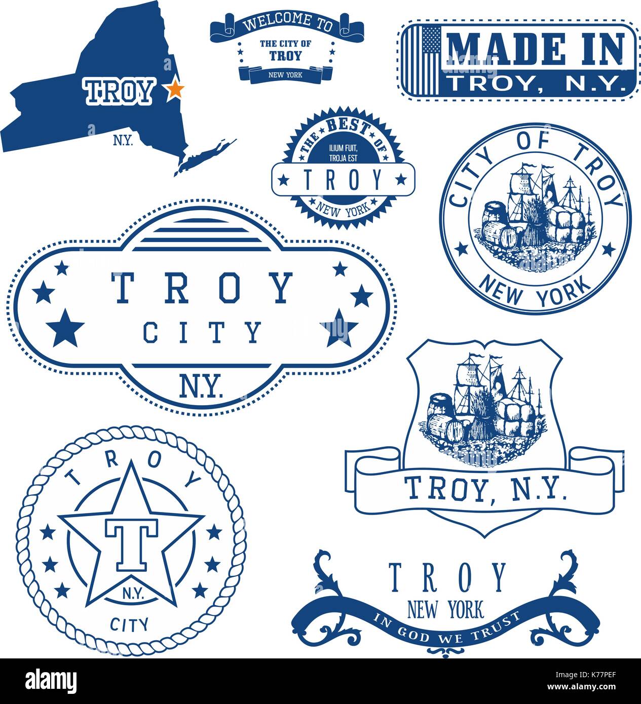 Set of generic stamps and signs of Troy city, New York state Stock Vector