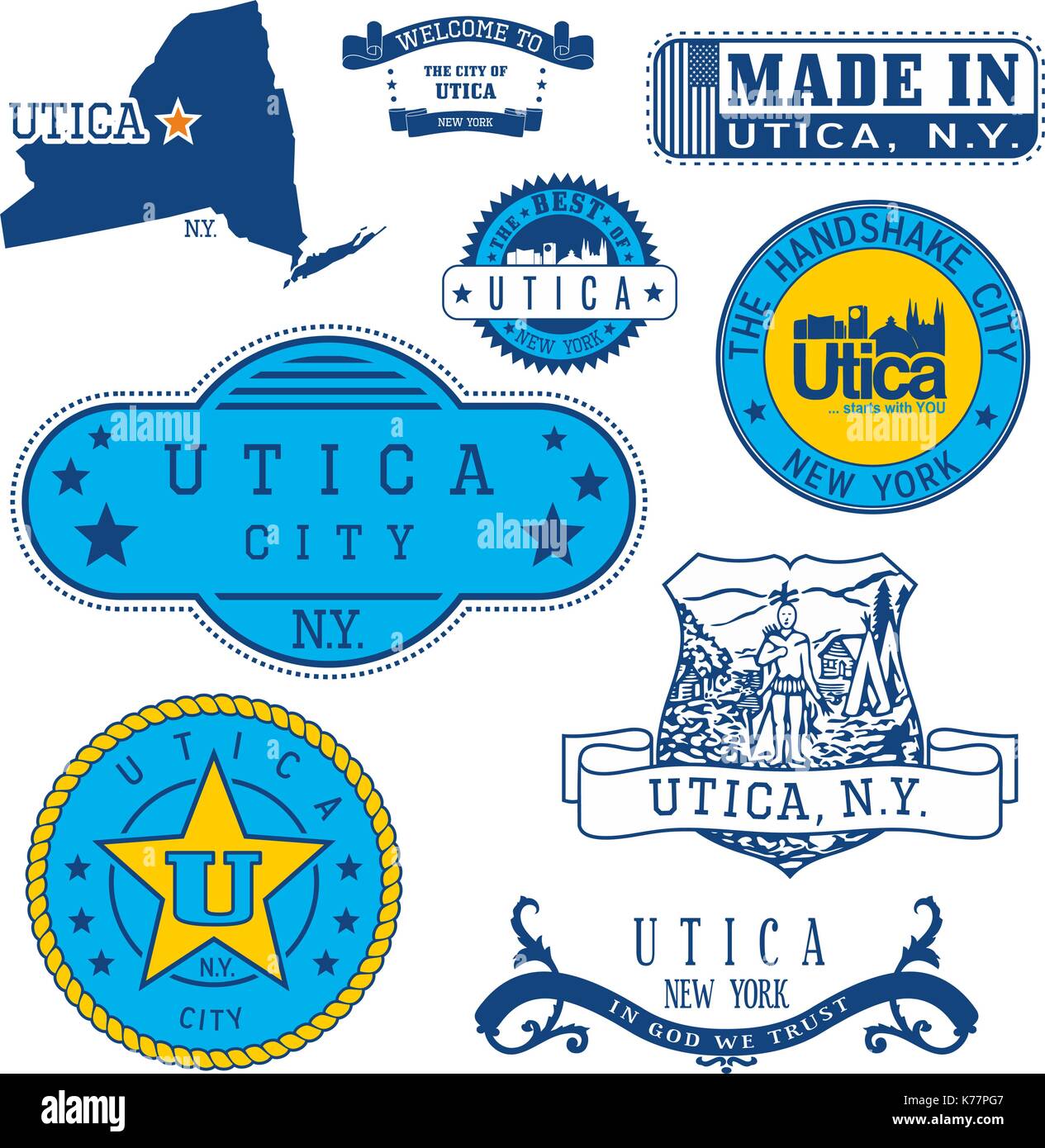 Set of generic stamps and signs of Utica city, New York state Stock Vector