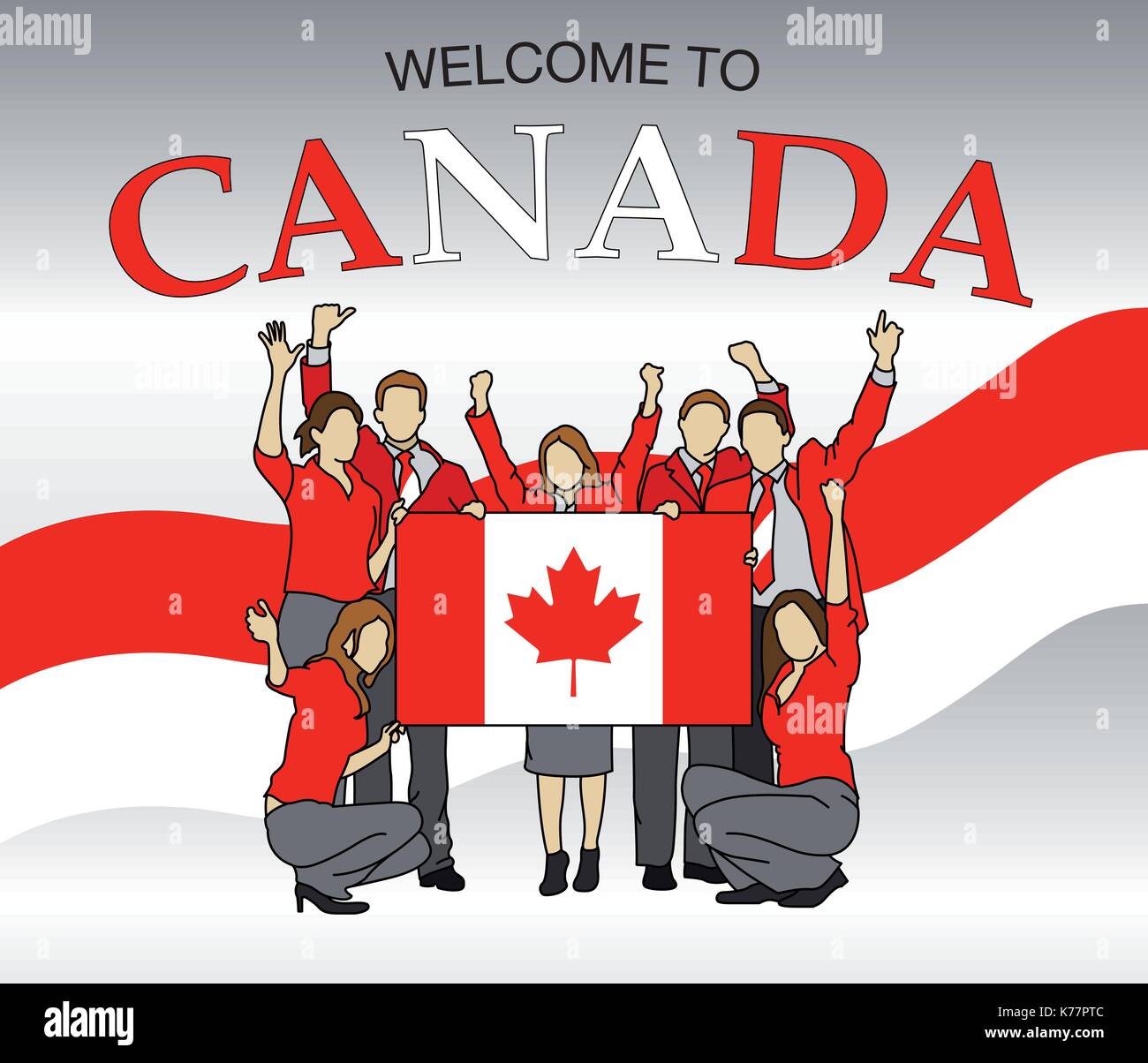Welcome to Canada. Group of people dressed in the colors of the Canada flag, waving with hands and holding the flag - Vector image Stock Vector
