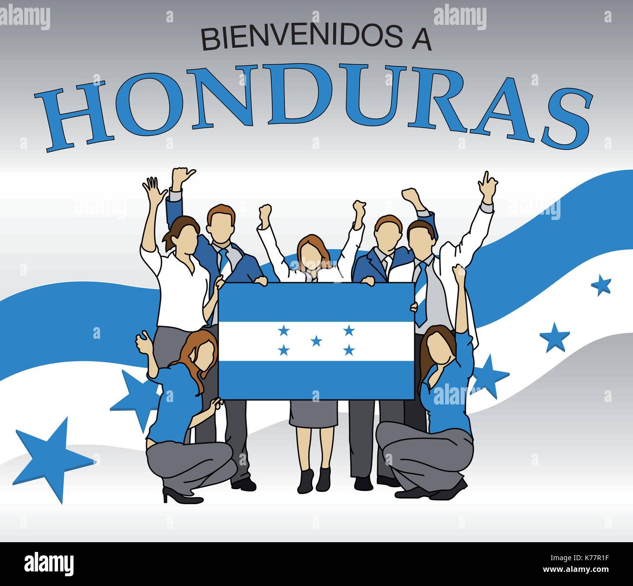 Welcome to Honduras in Spanish language- Group of people dressed in the colors of the Honduras flag, waving with hands and holding the flag - Vector Stock Vector