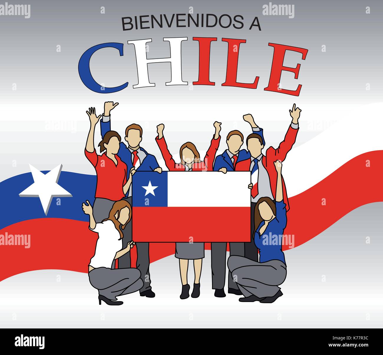 to Chile in Spanish language Group of people dressed in the colors of the Chile flag