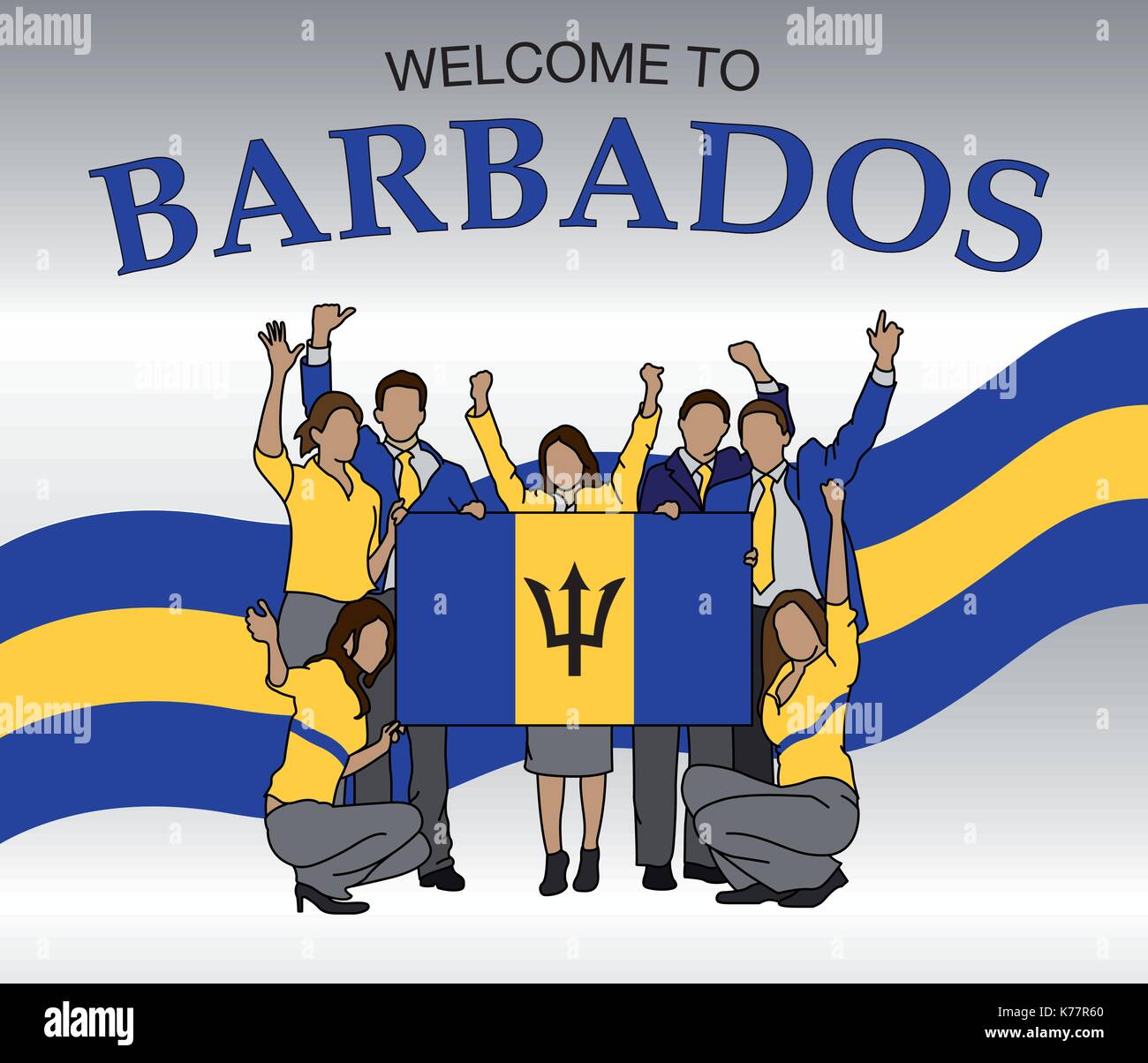 Welcome to Barbados. Group of people dressed in the colors of the Barbados flag, waving with hands and holding the flag - Vector image Stock Vector