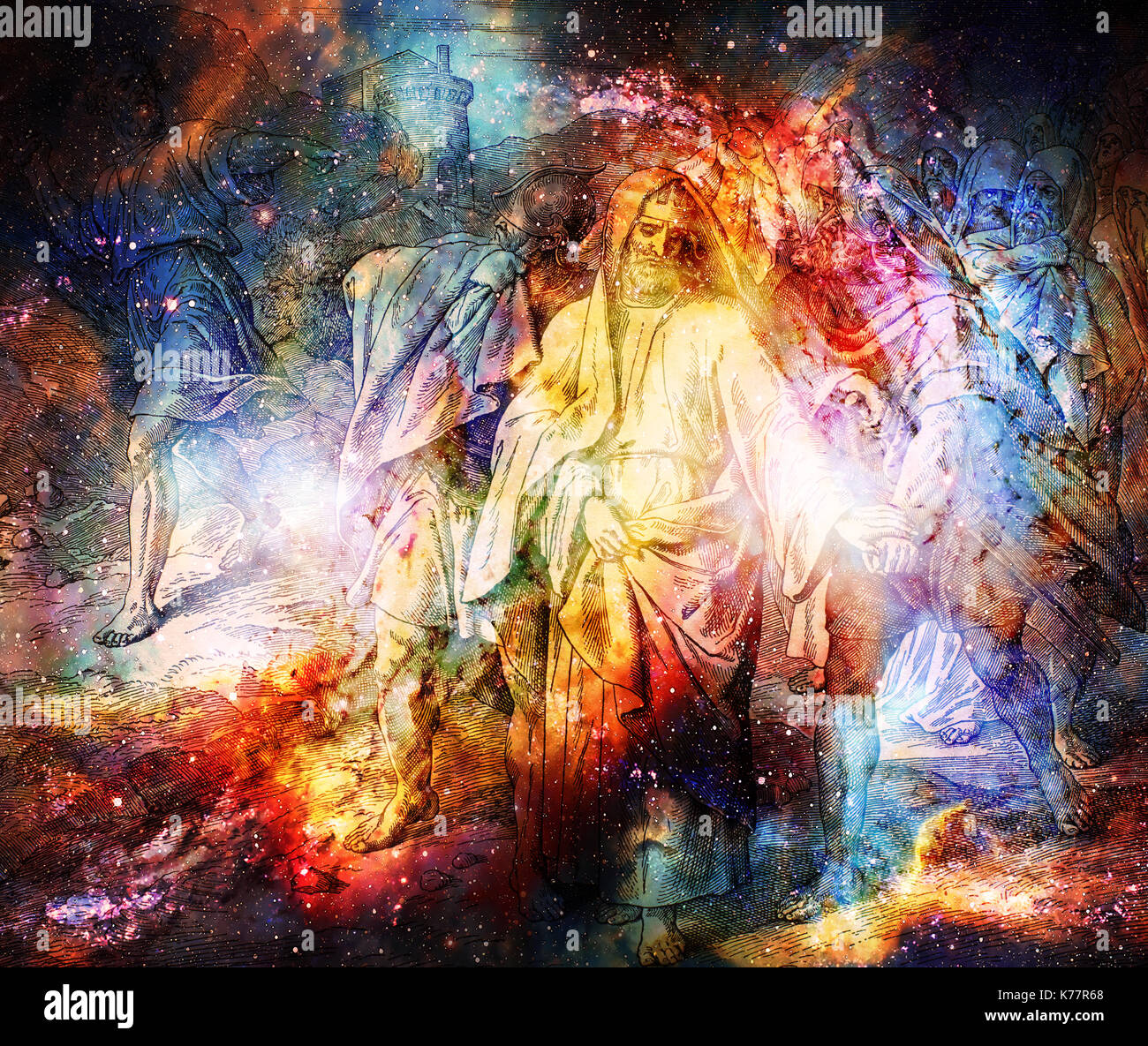 Man throwing stones on king David and his companions, graphic collage